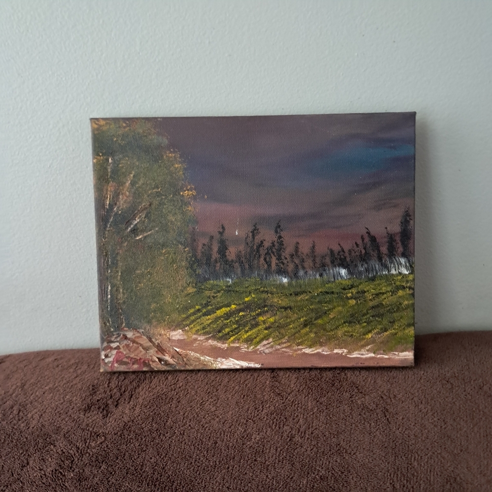 Bob Ross Inspied Black Canvas Dark Sky Meadow Grassy Fields